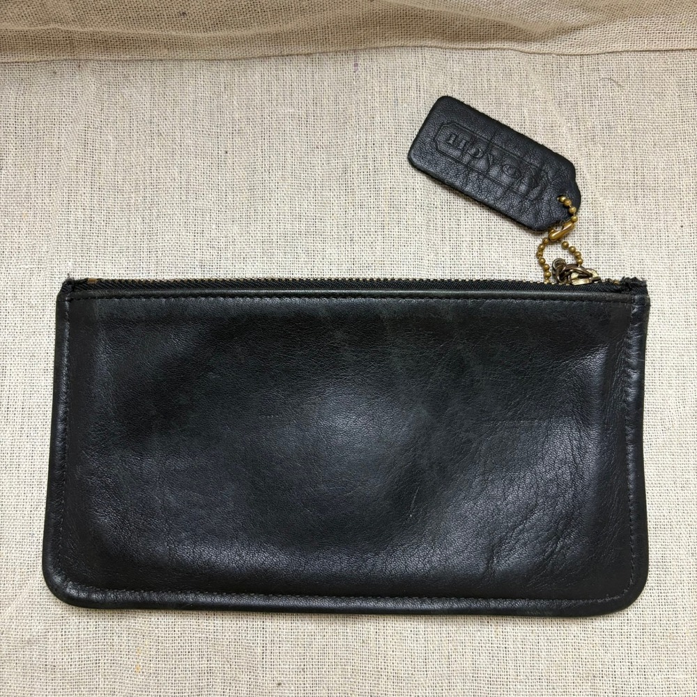 Vintage COACH Skinny Pouch Black Leather Zip Top Brass Hardware Hangtag 7.5"
